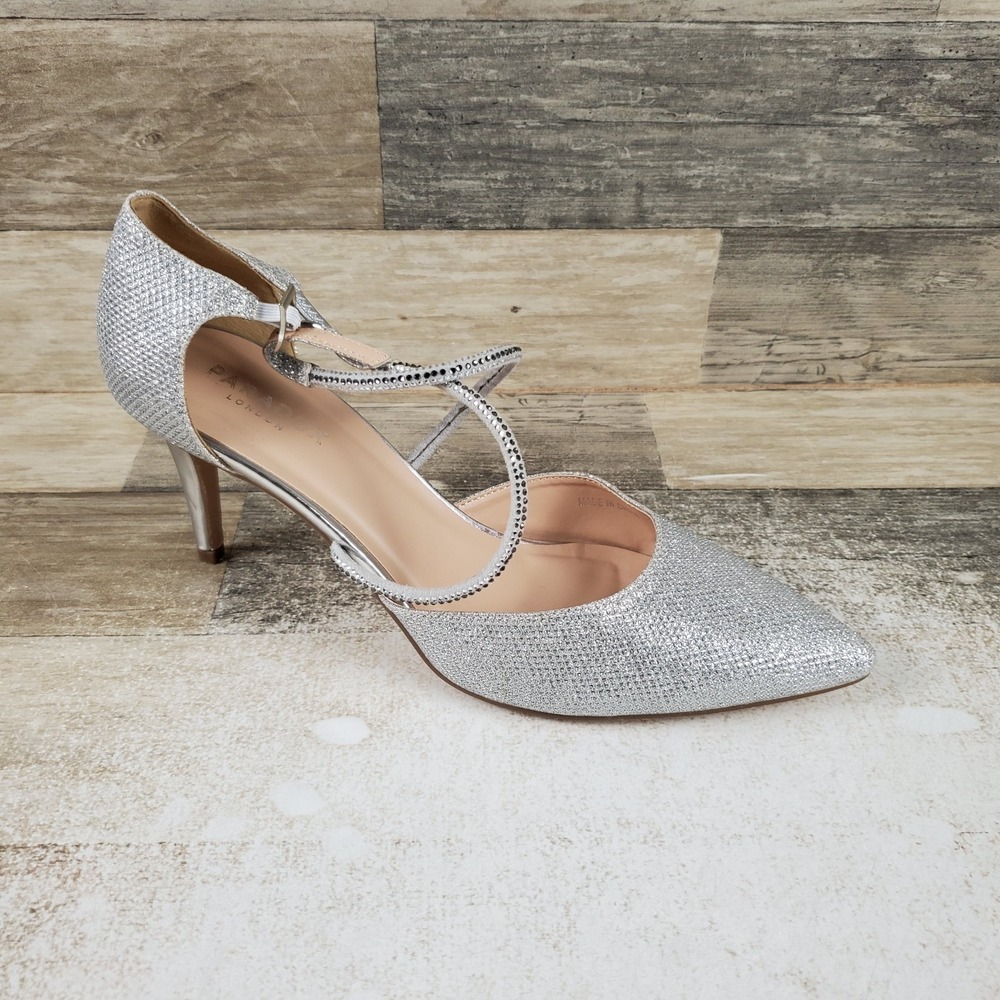 Paradox London Kennedy Womens Pump Sz 9.5 Silver Glitter Pointed Toe Ankle Strap